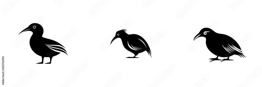 Poster set of three black bird icons showcasing distinct avian features and styles for design use