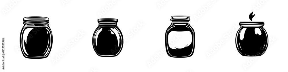 Poster set of black container icons representing various jar designs for graphic use in digital art and web