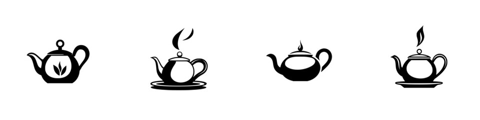 Set of four black teapot icons displaying different tea styles and steam effects on a minimalist background