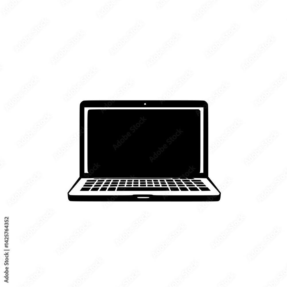 Poster black icon of a laptop with a simple keyboard design on a white background used for digital and tech