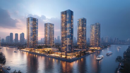 Naklejka premium Luxurious Waterfront Apartments at Dusk: A Stunning Cityscape