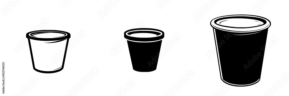 Poster set of three black icons showing different sizes of containers or cups in simple design