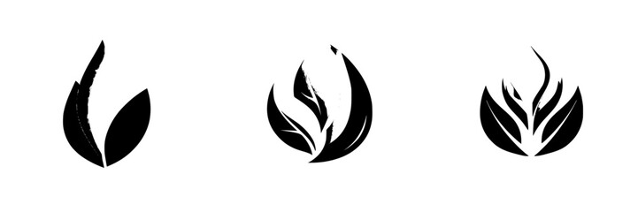 Set of black icons featuring stylized leaf designs representing nature, growth, and vitality in a minimalist aesthetic