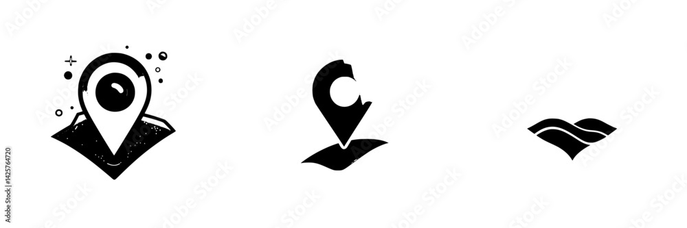 Poster set of black location icons designed for digital maps and navigation applications in modern web desi