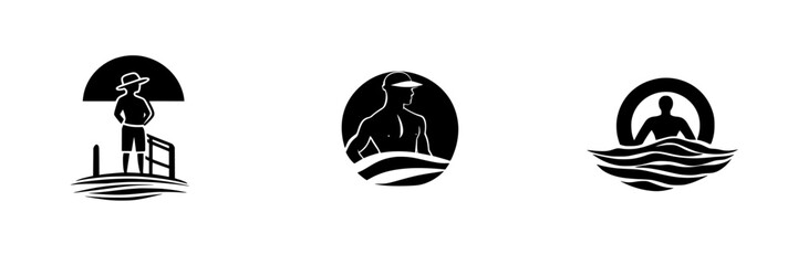 Set of black icons representing lifeguards and beach activities in a minimalist style
