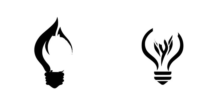 Black icon set featuring light bulb designs with flame and plant elements showcasing creativity in energy concepts