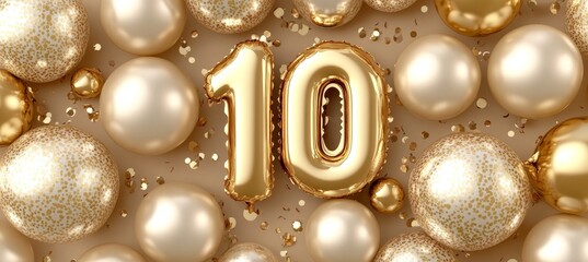 Golden Number 10 Balloon for Birthday Celebration, Fun Arrangement for Milestones and Anniversaries