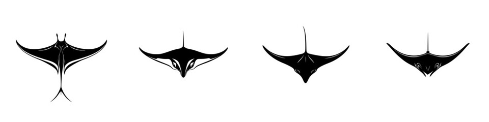 Black icon set featuring various manta ray silhouettes in different swimming poses