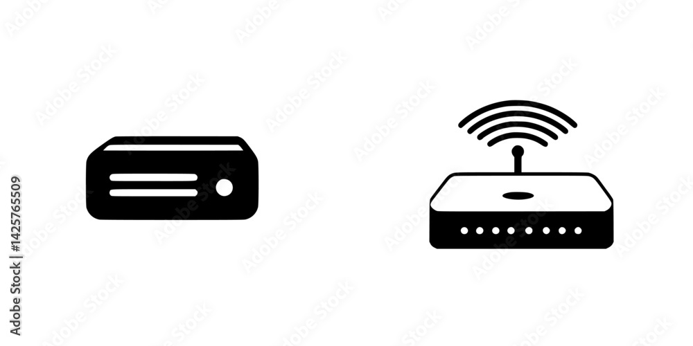 Poster black icons representing a network switch and a wireless router displayed on a minimalist background