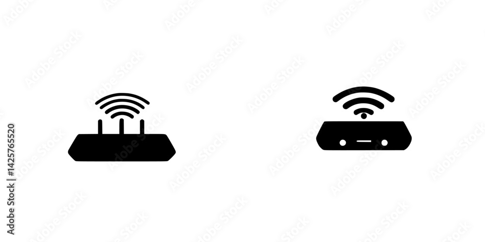 Poster set of black icons representing wireless routers with signal waves for technology and networking app
