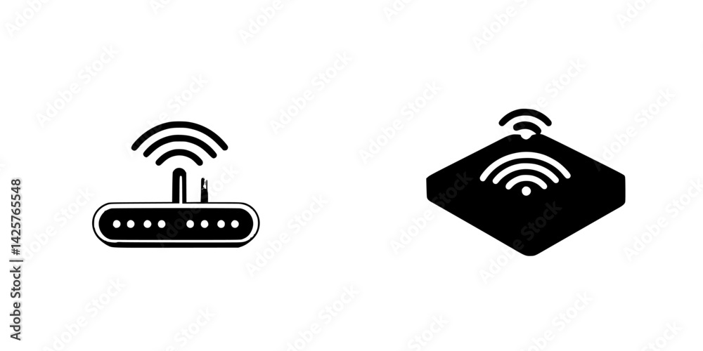 Poster set of black icons representing wireless routers and access points for digital connectivity and netw