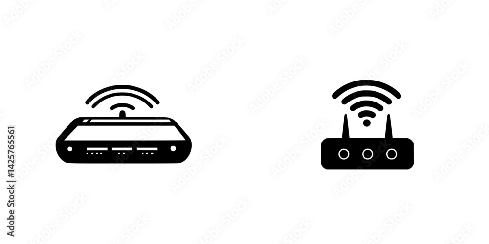 Poster black icons representing a wireless router and a modem in a simple design setting showing connectivi