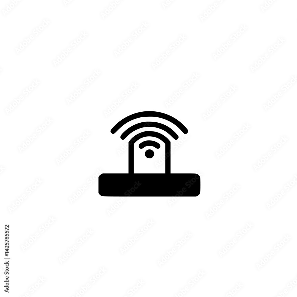 Poster black icon representing a wireless signal emanating from a device on a platform with simple and clea