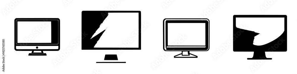 Poster set of black icons representing different computer monitor styles for digital design projects