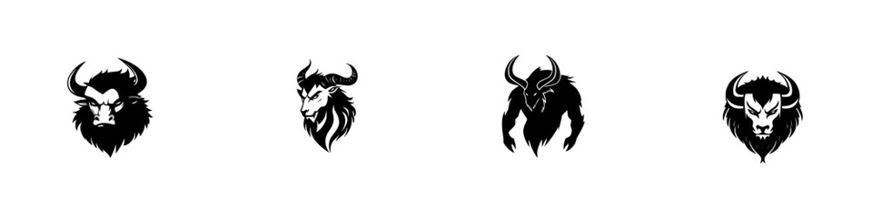 Set of four black icons depicting stylized bison and goat heads with various designs and features