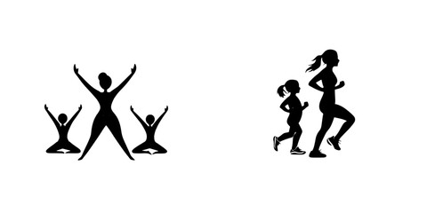 Three figures engaging in a fitness routine alongside a woman jogging outdoors during a sunny day