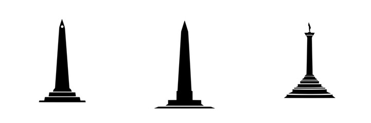 Black icon set featuring three distinct obelisks in minimalist design suitable for various graphic applications