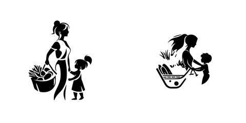 Black silhouette icons of a mother and child enjoying time together while gathering vegetables and fruits