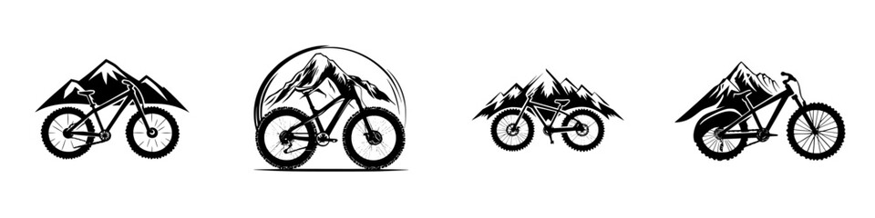 Fototapeta premium Black icons representing mountain biking featuring various styles of bikes and mountain designs for outdoor enthusiasts