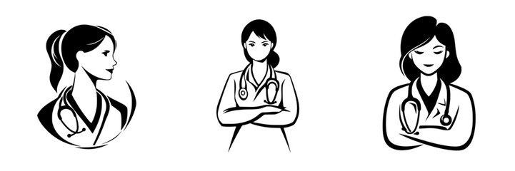 Fototapeta premium Black icons representing female healthcare professionals in different poses showcasing dedication and compassion