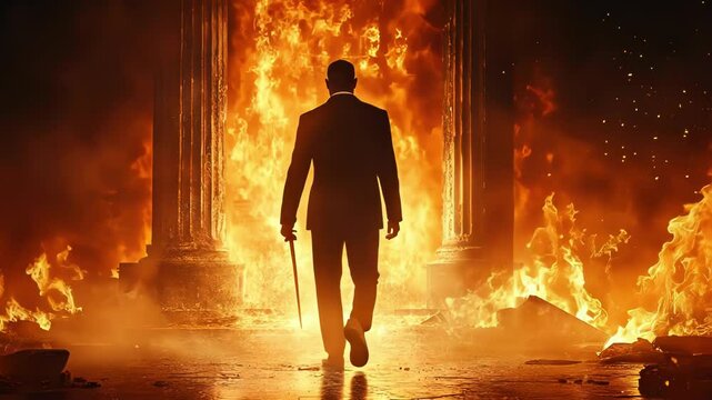 Man in suit walks away from a burning building, wielding a cane.