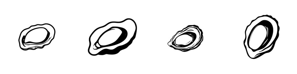 Black icon set showcasing various oyster designs representing seafood delicacies in minimalist style