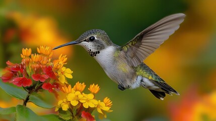 Fototapeta premium Hummingbird in flight, feeding on vibrant flowers