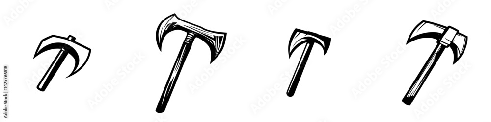 Poster black icon set featuring various axe designs created with simple lines and shapes for graphic use in