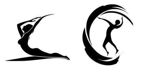 Set of black icons depicting graceful human figures engaged in artistic movement and stretching