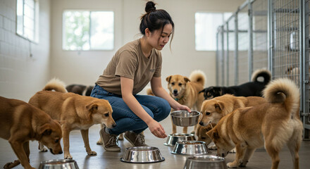 Person Feeding Many Dogs at Shelter with Stainless Steel Bowls
