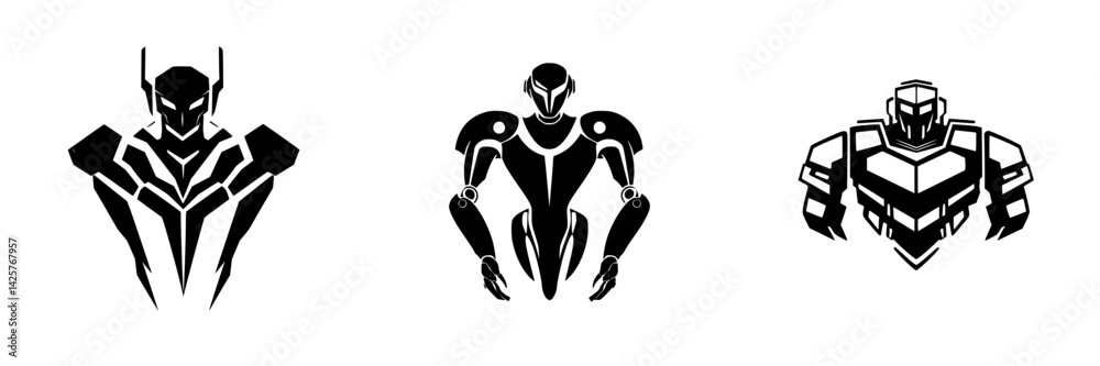 Poster unique black icon designs featuring three distinct robot characters in a minimalist style during dig