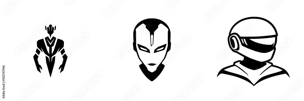 Poster set of black icons representing futuristic robots and characters designed for digital and graphic ar