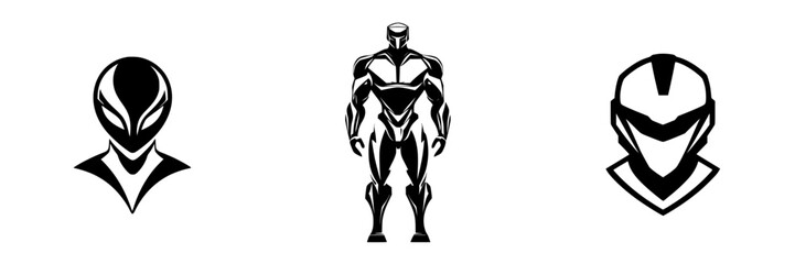 Set of black icons depicting futuristic humanoid figures with sleek designs for use in various digital applications