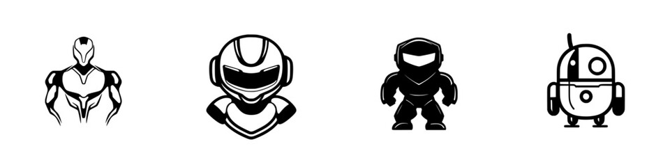 Set of black icons depicting futuristic characters and robots suitable for digital art and design projects