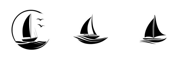 Black sailing icons depicting various sailboat designs and sea elements in a minimalist style