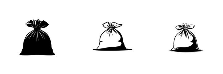 Black icon set of garbage bags in varying sizes on a clean background representing waste disposal and recycling efforts