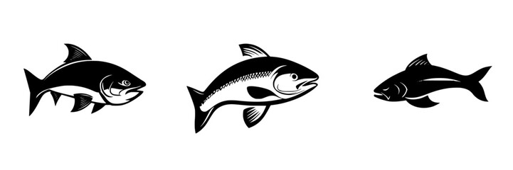 Fototapeta premium Black icons of various fish species displayed in a simple, artistic style on a white background