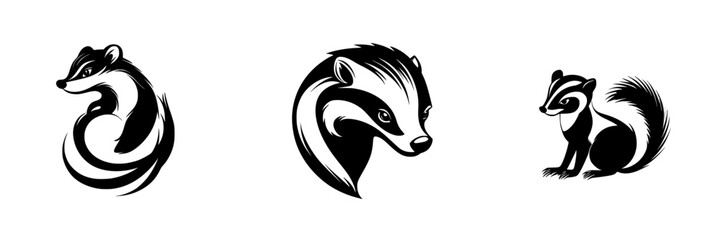 Black icon designs featuring various stylized badger illustrations in dynamic poses and unique artistic styles
