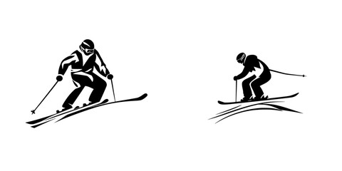 Fototapeta premium Dynamic black icons of skiers showcasing diverse skiing styles and movements on a snowy slope during winter sports season