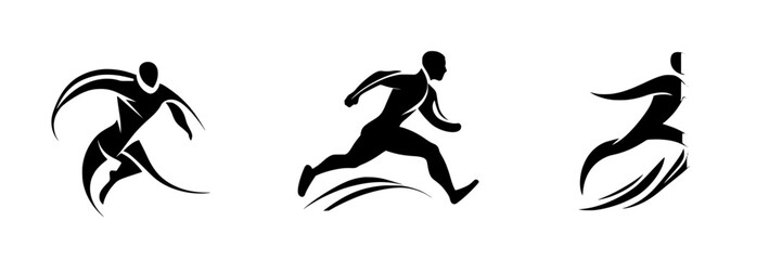Dynamic black icon representations of running figures in motion showcasing athleticism and speed
