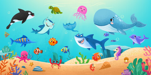 underwater panorama background with all sea animals and fish