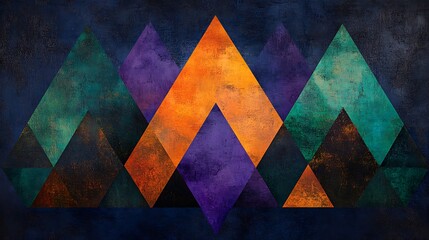 Fototapeta premium Abstract geometric composition with layered triangle shapes, central blend of orange and purple glowing against contrasting green and black side triangles,