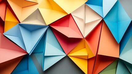 Obraz premium Abstract paper composition featuring triangle-shaped forms folded from colorful squares, extending inward from each edge of the canvas. A full color palette includes primary colors, cool neutrals,