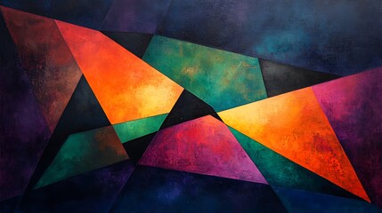 Bold abstract painting of triangle shapes layered in symmetrical fashion, orange and purple glow at the center, green fading to one side, black and teal on the other,