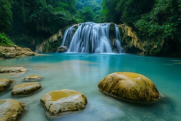 Breathtaking Waterfall with Water Streaming Over Rocks in a Tranquil Setting