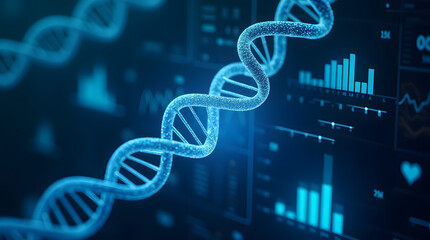 "A floating DNA double helix surrounded by digital health data, genetic codes, and biometric stats, rendered in a sci-fi medical environment,