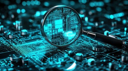 Magnifying glass over a circuit board, highlighting digital technology.
