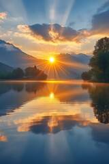 Fototapeta premium Sunrise over lake, mountains reflection