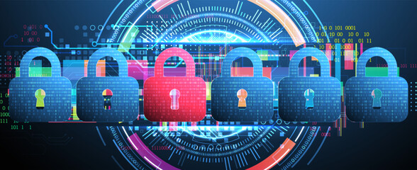 Digital cybersecurity concept with padlocks, symbolizing data protection and security. Vector technology background.