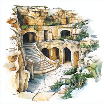 Hal Saflieni Hypogeum. Hal Saflieni Hypogeum hand drawn watercolor illustration